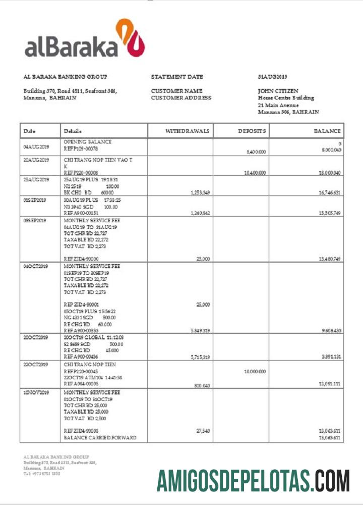 Bahrain Al Baraka extrato bancário amostra